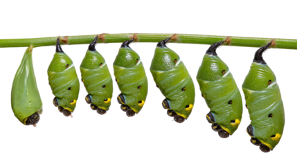 A vivid display of green chrysalises hanging in a row on a stem, showcasing the remarkable transformation of butterflies in their pupal stage, isolated on a white background.