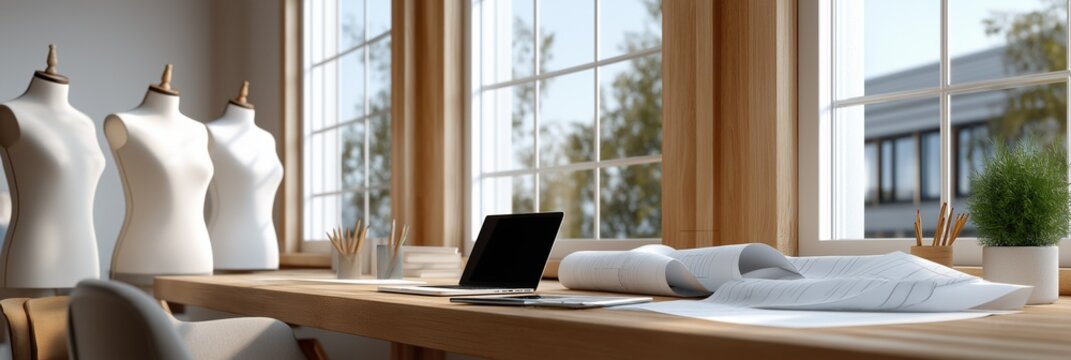 Elegant fashion design studio with mannequins and sunlit workspace - Powered by Adobe