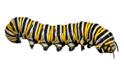 Naklejka premium Close-up of a vibrant striped caterpillar, showcasing its detailed texture and striking colors. Perfect for nature enthusiasts and educational materials.