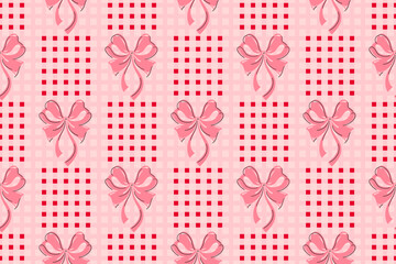 Pink ribbon seamless pattern on a red gingham checkered background. Perfect for your textile design, wallpaper, or gift wrapping paper