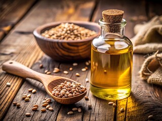 Flaxseed oil in a glass bottle with flax seeds on a wooden table in rustic style