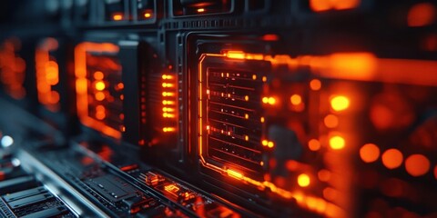 Obraz premium A close-up view of a network server panel with glowing orange lights- emphasizing the advanced data management and processing capabilities of modern computing systems