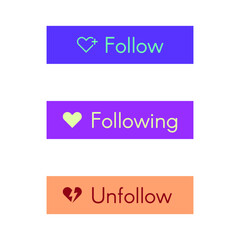 Vector set of colorful follow, following and unfollow rectangle buttons with heart icons. Social media interface elements for design, app UI, and user interaction concepts