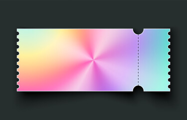 Colorful gradient vector ticket template with holographic rainbow effect. Modern event admission stub with perforated detachable section. Perfect for concerts, festivals, cinema