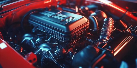 Close-up of a modern car engine- highlighting advanced automotive engineering and high-performance mechanical components.
