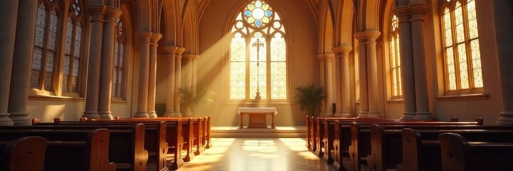 A serene church interior bathed in sunlight, highlighting stained glass and an altar Perfect for themes of faith, peace, spirituality, and worship , stained glass, serenity, gothic