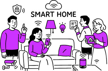 Vector illustration of a woman surrounded by WiFi-enabled devices in a smart home workspace. Modern lifestyle using information technology and wireless internet