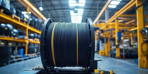 A large black industrial cable drum inside a factory warehouse. The drum holds heavy-duty electrical cables essential for power supply and other industrial purposes.