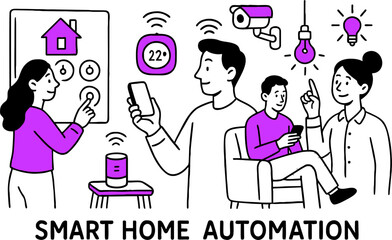 Vector illustration of a woman surrounded by WiFi-enabled devices in a smart home workspace. Modern lifestyle using information technology and wireless internet