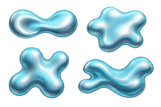 Glossy blue amorphous shapes forming dynamic abstract pattern, blending contemporary design elements on transparent backdrop