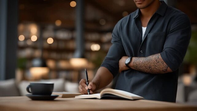 Explore the intricate details of a dotwork forearm tattoo in an ultra high-definition 8K photo, set in a cozy caf&eacute; with a sketchbook and pen on a wooden table.