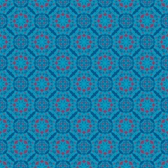 seamless pattern with blue flowers,blue, red curves and painting to flower shape,leaves with blue background in geometric patterns as sarong,fabric,tile,printed fabric,batik,tablecloth patterns.