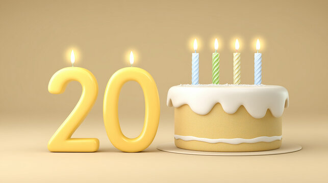 Birthday cake with glowing candles (number 20), minimalist composition