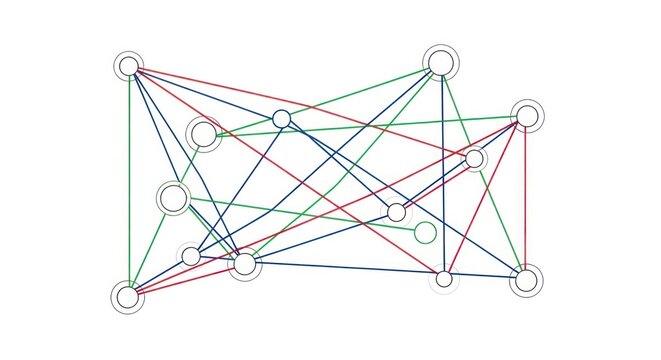 Network Diagram with Circles and Colored Lines on White Background