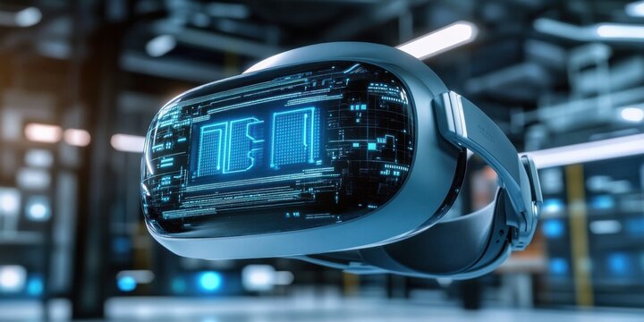A futuristic VR headset with a digital circuitry display floating in an industrial tech environment. This innovative device showcases cutting-edge technology in the world of virtual reality.