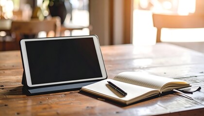 Tablet and notebook on a wooden table