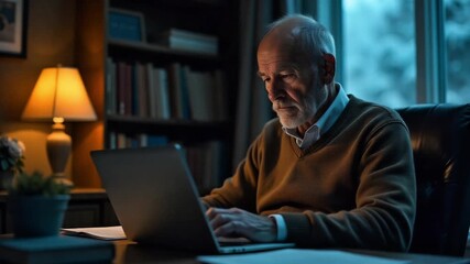 Senior man thoughtfully works on his laptop at a desk with a warm lamp light - Powered by Adobe