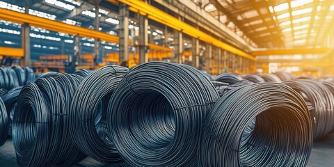 Rows of neatly coiled steel wire rods in a large industrial warehouse. The metal coils- used for various manufacturing processes- reflect the warm glow of sunlight filtering through the facility.