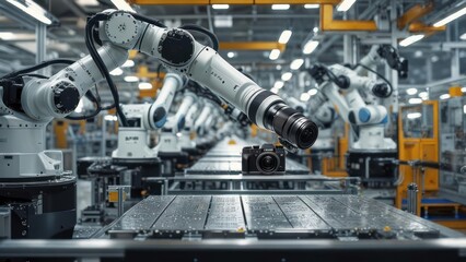 Fototapeta premium Automated Precision: Robotic Arm with Lens Focuses on Digital Camera in High-Tech Factory