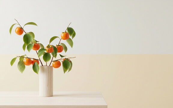 나무 화병에 꽂힌 주황색 감 열매 가지 &middot; Persimmon Branch with Orange Fruits in Wooden Vase