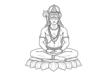 Serene Meditation of Lord Shiva: A Detailed Line Art Depiction of the Hindu Deity in Peaceful Contemplation