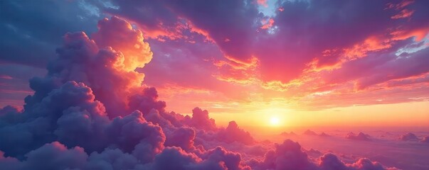 Fototapeta premium A breathtaking panoramic view of a vibrant, colorful sky at sunset or sunrise Clouds painted with hues of orange, pink, purple, and gold create a stunning natural masterpiece , texture, celestial