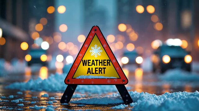 Weather alert warning sign on snowy urban street with blurred cars and city lights during winter storm conditions creating hazardous travel
