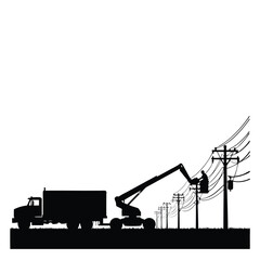 Worker in bucket truck on power line maintenance silhouette Keywords: worker, bucket truck, power