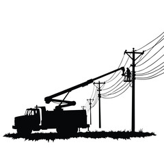 Workers in bucket truck repairing electrical transmission lines Keywords: power line