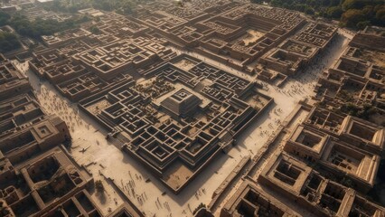 High-angle view of an ancient city, showing a complex grid pattern of buildings, with a central structure.  People are visible moving throughout the city