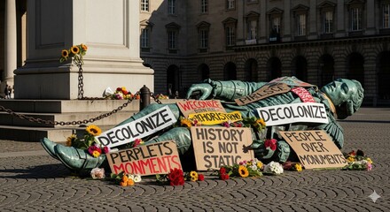 A large bronze statue of a man lying on its side, covered in protest signs and flowers. The signs read "DECOLONIZE," "HISTORY IS NOT STATIC," and "PEOPLE OVER MONUMENTS."