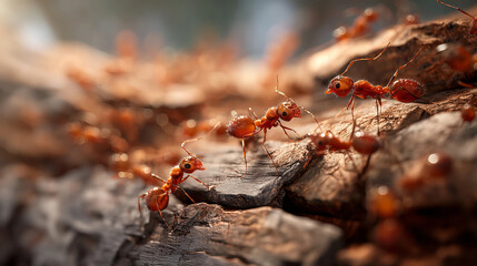 Ants Teamwork on Wood: A bustling colony of ants works together on a piece of weathered wood, each ant contributing to the collective effort.
