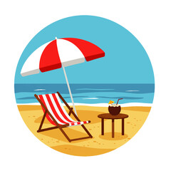 Beach scene illustration with a red and white striped umbrella, lounge chair, and a coconut drink on a small table, set against a blue ocean backdrop.