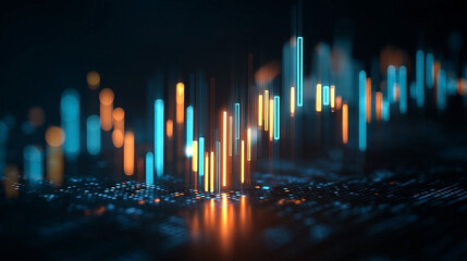 Abstract digital landscape with glowing bars representing data visualization