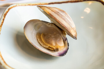 close-up of the boiled surf clam on the dish