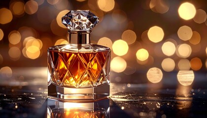 A luxurious bottle of amber perfume with a diamond-shaped cap against a golden bokeh background.