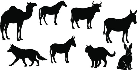 Animal, silhouettes, camel, horse, cow, donkey, wolf, cat, rabbit, wildlife, domestic, farm, pet, black, outline, vector, illustration, isolated, design, element, icon, set, graphic