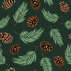 Christmas Seamless Pattern With Pine Cones And Pine Branches Cartoon Style Pattern. Vector