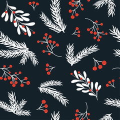 Seamless Pattern With A Winter Print Of Spruce Branches, Red Berries, on a dark background. Vector Flat Design for postcards, gift paper, packaging, posters, textiles