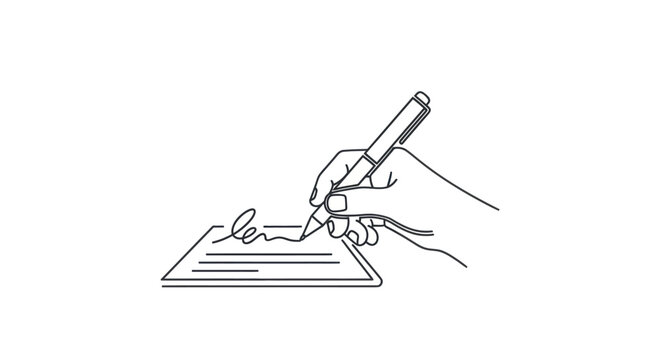 Line Drawing of Hand Signing Document with Pen.