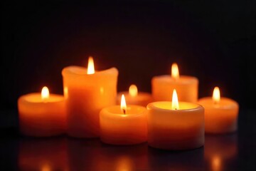 A cluster of flickering candle flames casting a warm, inviting glow against a dark background  Perfect for adding ambiance and a touch of romance to any design ,  burning,  orange