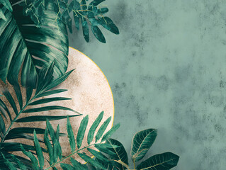 Tropical leaves green foliage gold circle textured background decorative botanical lush nature inspired overgrown serene modern wall art