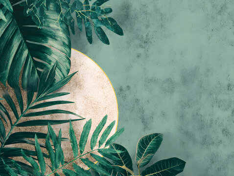 Tropical leaves green foliage gold circle textured background decorative botanical lush nature inspired overgrown serene modern wall art