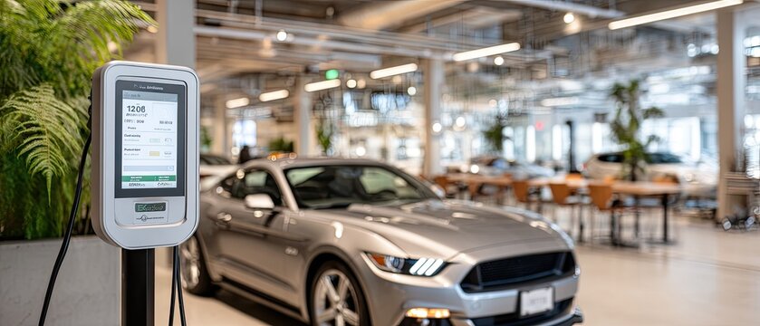 Modern office space features a smart charging station for electric vehicles showcasing solar data and real-time energy market information.