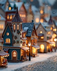 Fototapeta premium Cozy Miniature Christmas Village: Illuminated Houses Snowy Street Warm Lights Winter Wonderland Scene