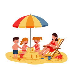 A mother relaxes in a beach chair as three children build a sandcastle under a colorful umbrella on a sunny day.
