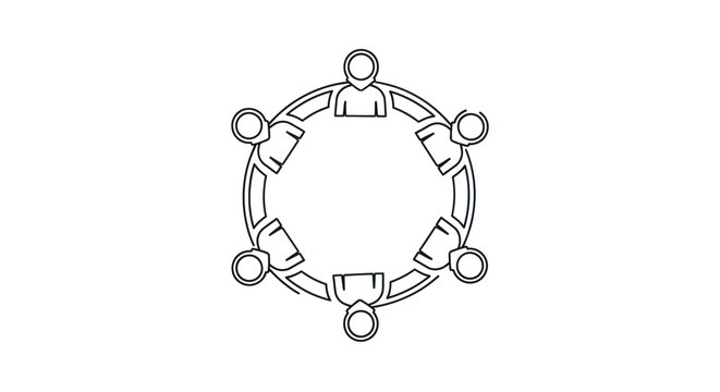 Stylized illustration of six people sitting around a circular table.