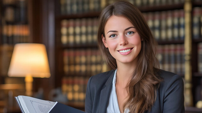 Confident Legal Professional: A skilled and assured female legal expert sits amidst a backdrop of law books, poised to deliver her services, radiating intelligence, poise, and a hint of legal prowess.