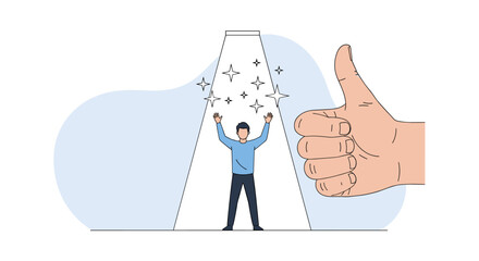 Celebrating achievement and positive recognition a person stands triumphant under a spotlight with a giant thumb giving a thumbs up nearby