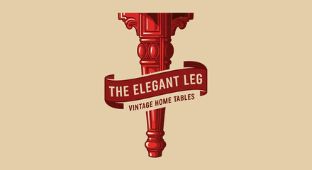 Vintage logo design featuring an elegant red carved table leg and banner.